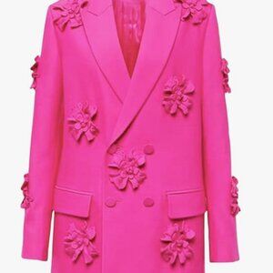 Womens Blazer Coats Notched Long Sleeve Double Breasted Jacket Flower Appliques